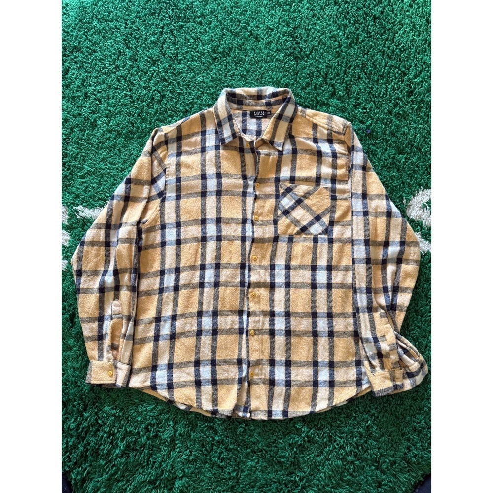 BoohooMAN Plaid Flannel Button Up Shirt Men's 3XL Yellow Black Gorilla Graphic